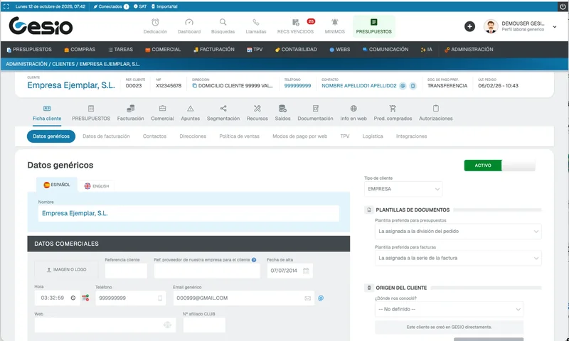Pantalla de GESIO: ficha de cliente