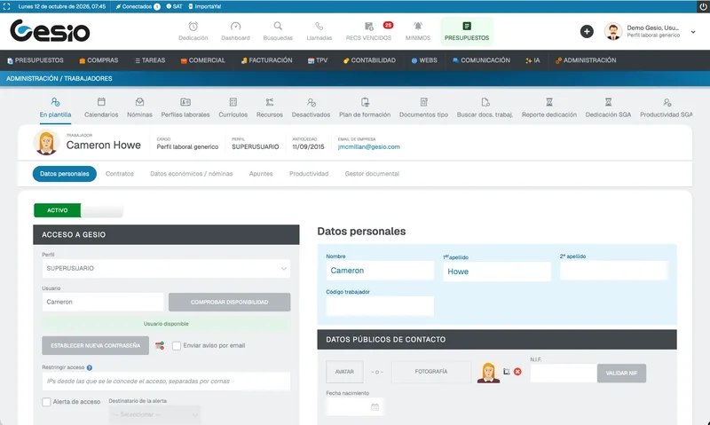 Pantalla de GESIO: ficha de trabajador