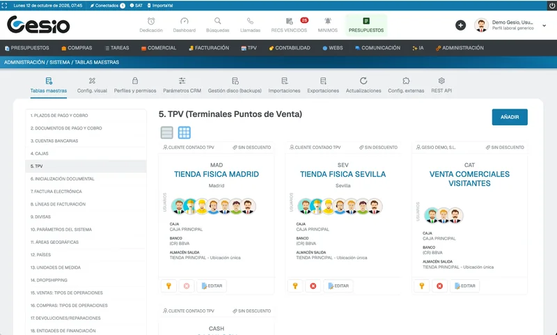 Pantalla de GESIO: terminales de venta