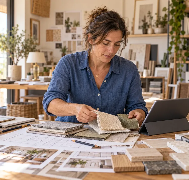 Autónoma diseñadora de interiores eligiendo muestras de tejidos junto a su tableta