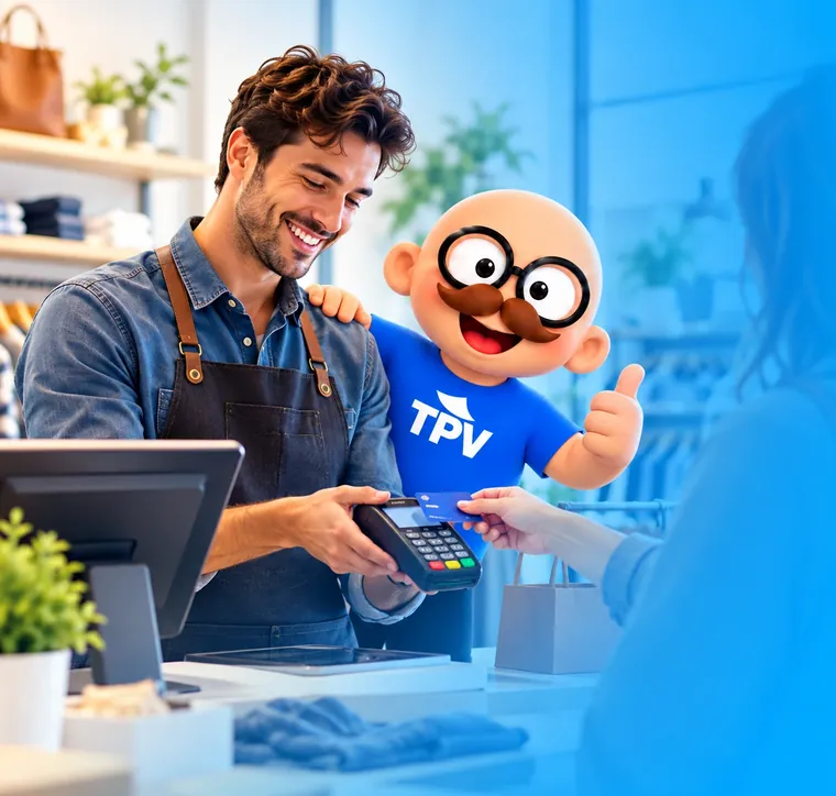 Dependiente sonriente cobrando con datáfono en una tienda, junto a la mascota de TPV Online