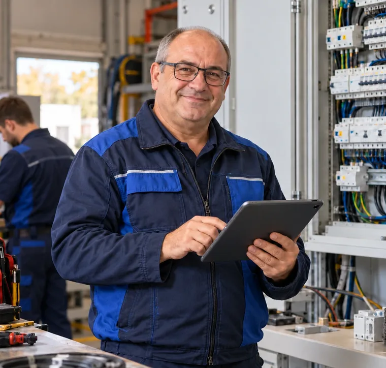 Técnico con tableta junto a un cuadro eléctrico en el taller